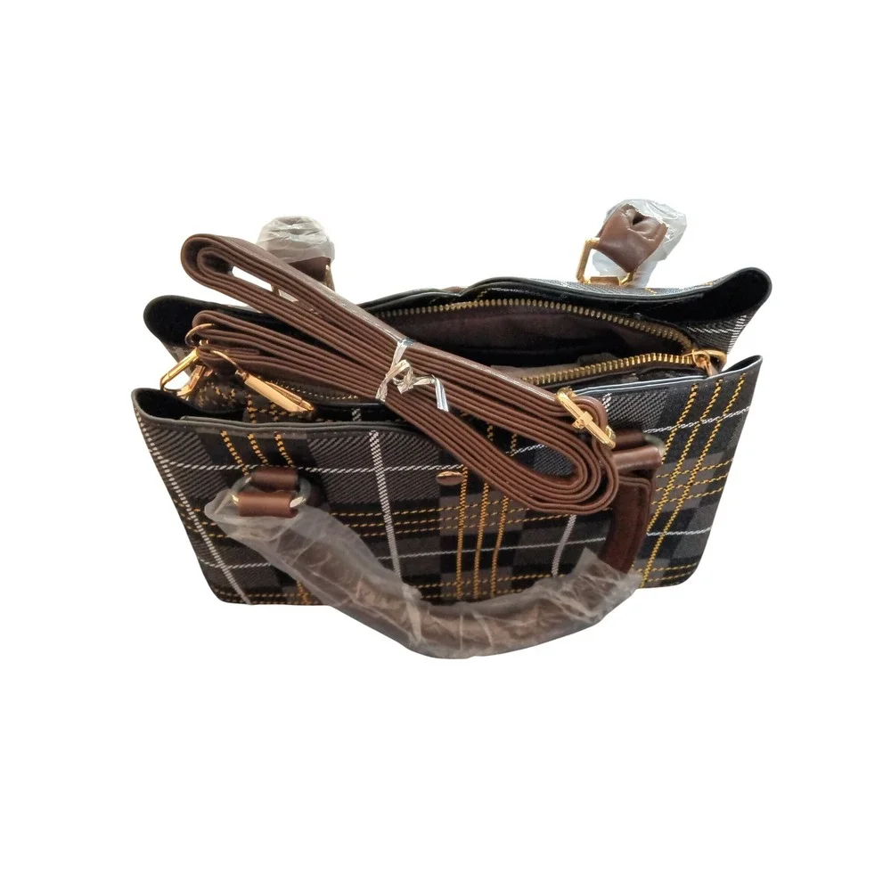 Plaid Satchel Handbag‎ Grey Black Yellow Triple Compartment Crossbody